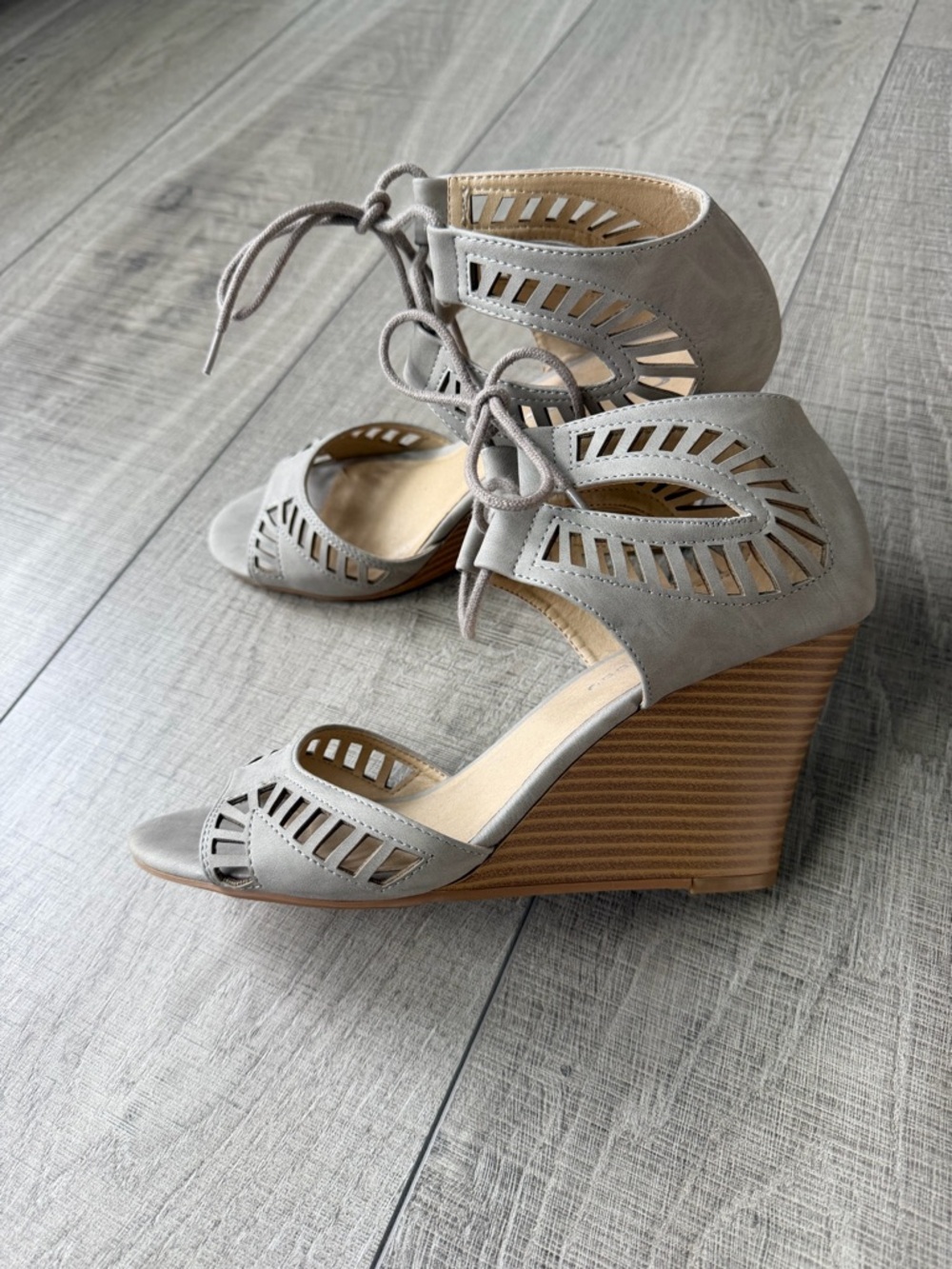 CL by Laundry Taupe Cutout Lace-Up Wedge Sandals